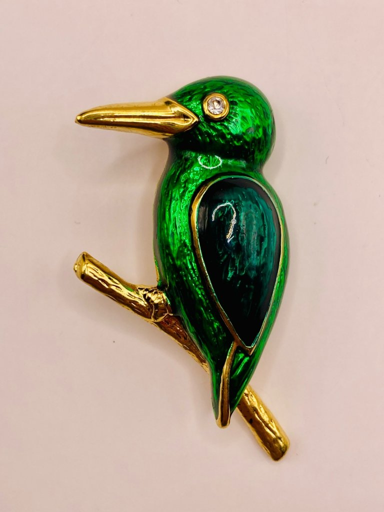 Vintage Green Kingfisher Bird Enamel Brooch Pin Gold-Tone -107b